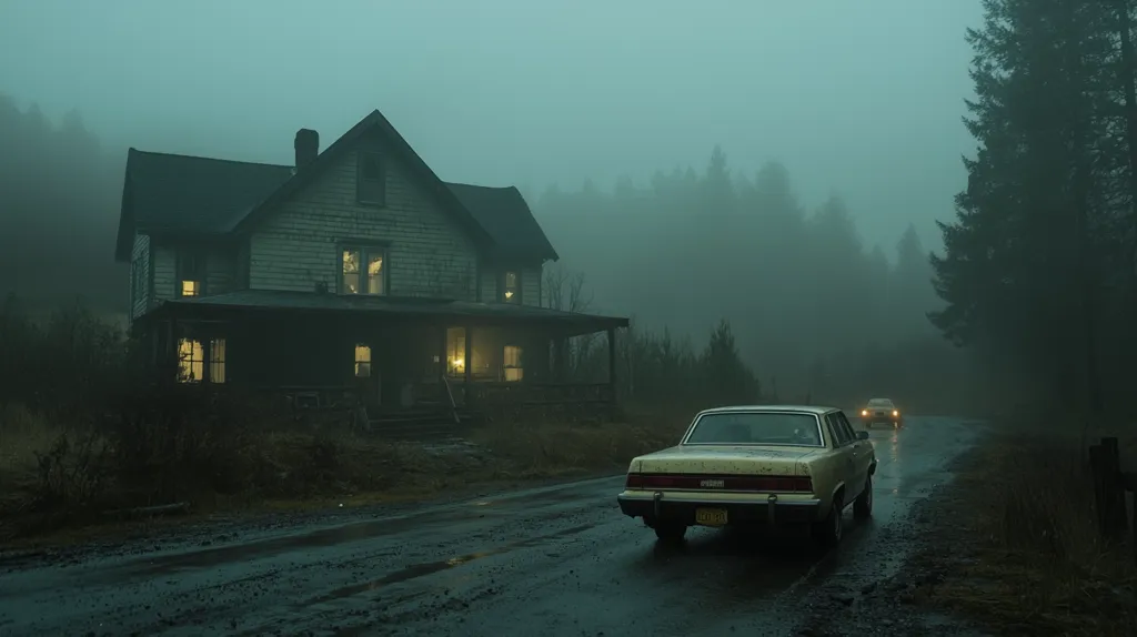 A vintage car drives down a rain-slicked road towards a dimly lit, old farmhouse shrouded in thick fog.  Tall, dark evergreens line the road, adding to the eerie, atmospheric scene. The house's windows glow warmly, contrasting with the cold, misty night.  A second car is visible further down the road, adding a sense of mystery. The overall mood is one of quiet suspense.