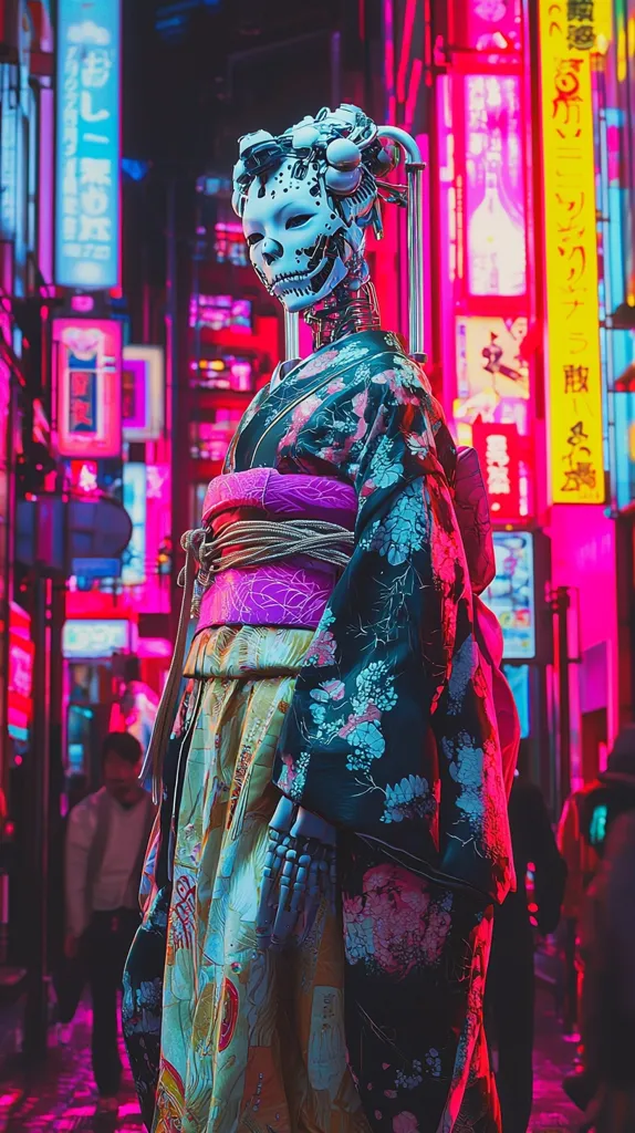 A robotic geisha stands in a vibrant, neon-lit Japanese street.  She is dressed in a traditional kimono with floral patterns, a stark contrast to her mechanical features.  Her face is a mask-like skull, showcasing a blend of futuristic technology and classic Japanese aesthetics. The background is awash in pink and blue neon signs, creating a cyberpunk atmosphere.