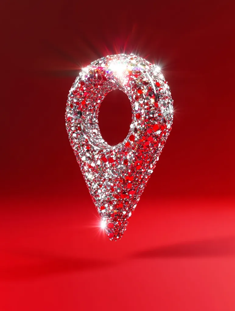 A sparkling, diamond-encrusted map pin marker floats against a vibrant red backdrop.  The pin is three-dimensional, its surface shimmering with countless tiny crystals that catch and reflect the light.  The overall effect is one of luxury and festive brilliance.  The red background enhances the glittering silver and red tones of the pin.