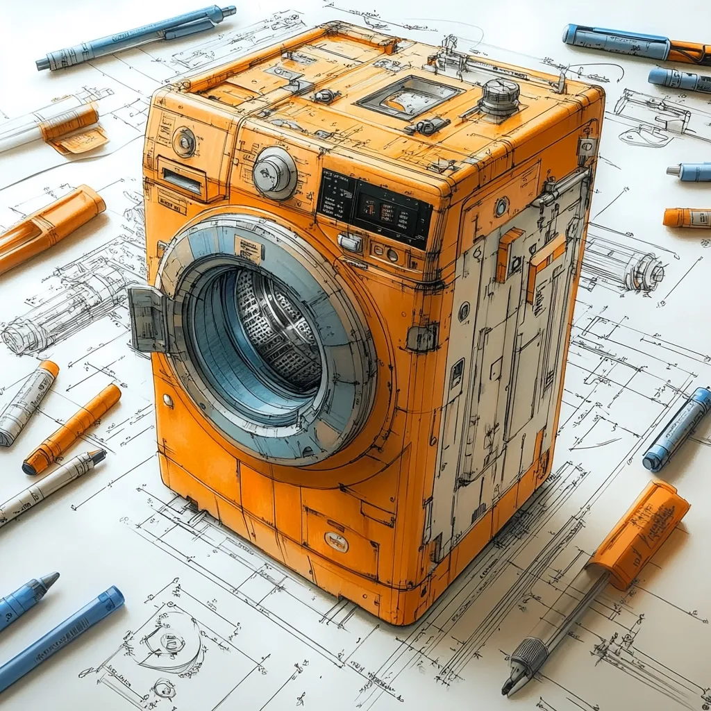 A detailed, stylized illustration depicts a futuristic orange washing machine resting on architectural blueprints.  Surrounding the machine are various pens and markers, suggesting a design or engineering context. The artwork is rendered in a meticulous, almost technical style, emphasizing the machine's intricate details and mechanical aspects. The color palette is primarily orange and blue, with subtle grayscale accents on the blueprints.