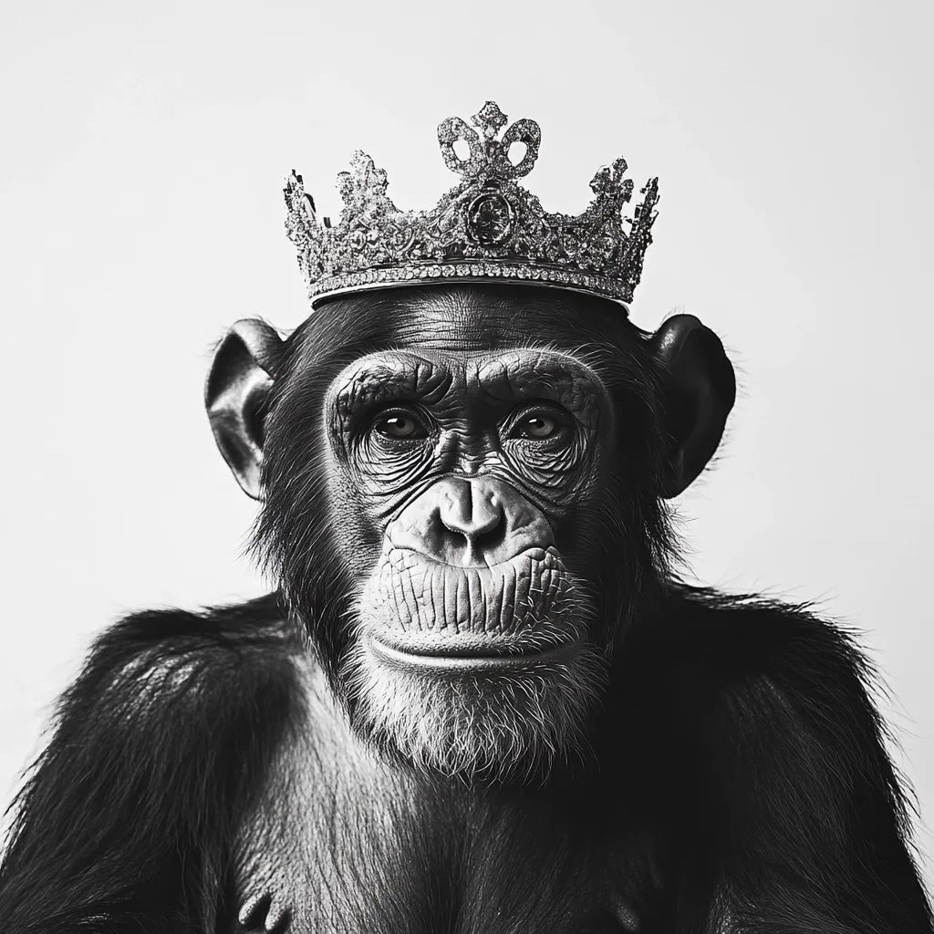 A black and white close-up portrait of a chimpanzee wearing a jeweled crown.  The chimp's expression is serious and contemplative, its gaze directed straight at the viewer. The crown adds a regal and ironic contrast to the primate's natural features, creating a powerful image. The background is plain, drawing focus to the animal.