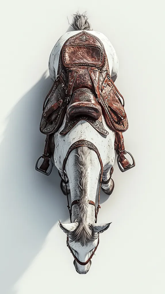 A high-angle, full shot depicts a white horse wearing an ornate brown leather saddle. The horse is viewed from above, its head bowed slightly.  The saddle is richly detailed with decorative stitching and metal accents. The horse's coat is subtly textured, and its mane and tail are neatly groomed. The background is a plain, bright white, which makes the horse and saddle stand out.