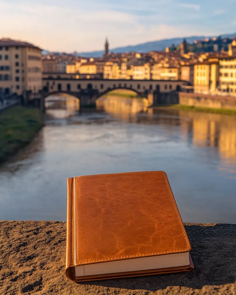 A brown leather-bound journal rests on a stone surface overlooking the Ponte Vecchio in Florence, Italy.  The river Arno flows beneath the iconic bridge, with the city's buildings softly blurred in the background.  The scene evokes a sense of travel, history, and quiet contemplation. The warm sunlight casts a gentle glow on the scene.