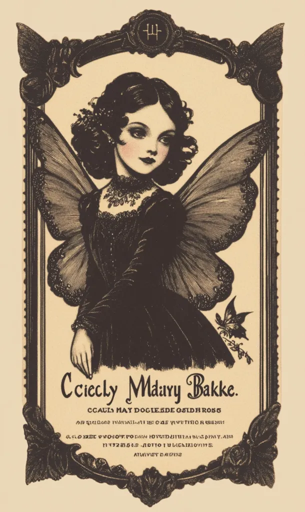 An ornate sepia-toned illustration depicts Cecily Mary Bakke, a young woman with dark hair and large eyes, dressed in a dark gown.  Large butterfly wings sprout from her back. She is framed within a decorative, dark border, adorned with floral motifs and an inscription featuring stylized text below her name and additional, indecipherable text below.  A small butterfly is visible near her hand. The overall style is reminiscent of vintage art nouveau.
