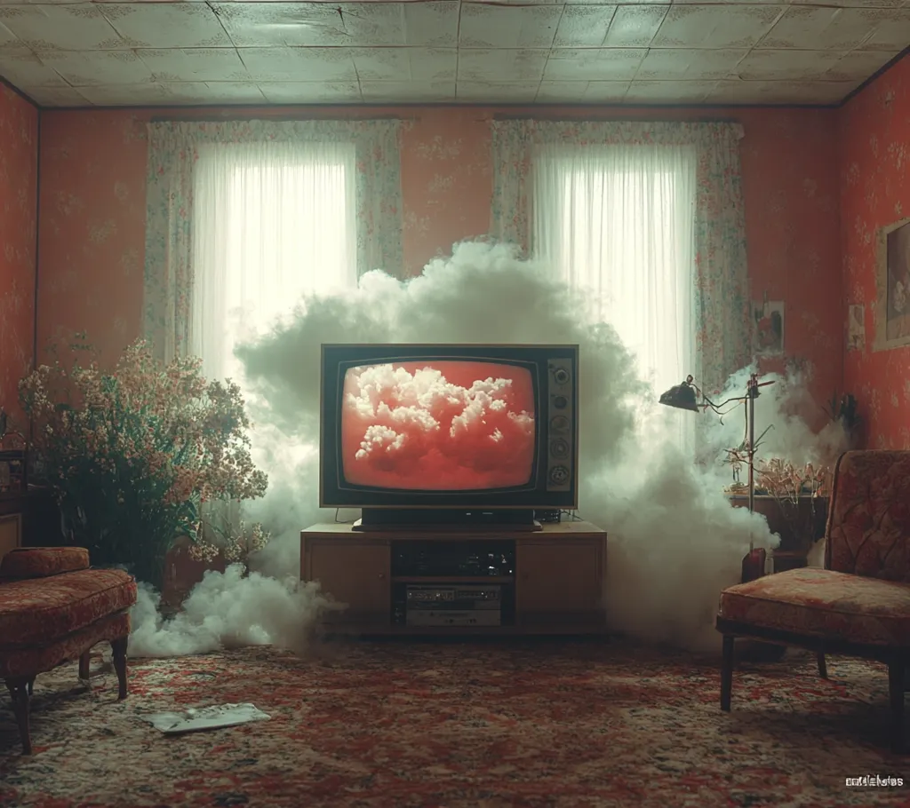 A vintage television displaying a surreal, red-hued cloudscape sits engulfed in a swirling cloud of smoke in a dimly lit, retro living room.  The room features floral wallpaper, sheer curtains, and period furniture, creating a nostalgic yet unsettling atmosphere.  The overall scene evokes a dreamlike, perhaps slightly melancholic mood.