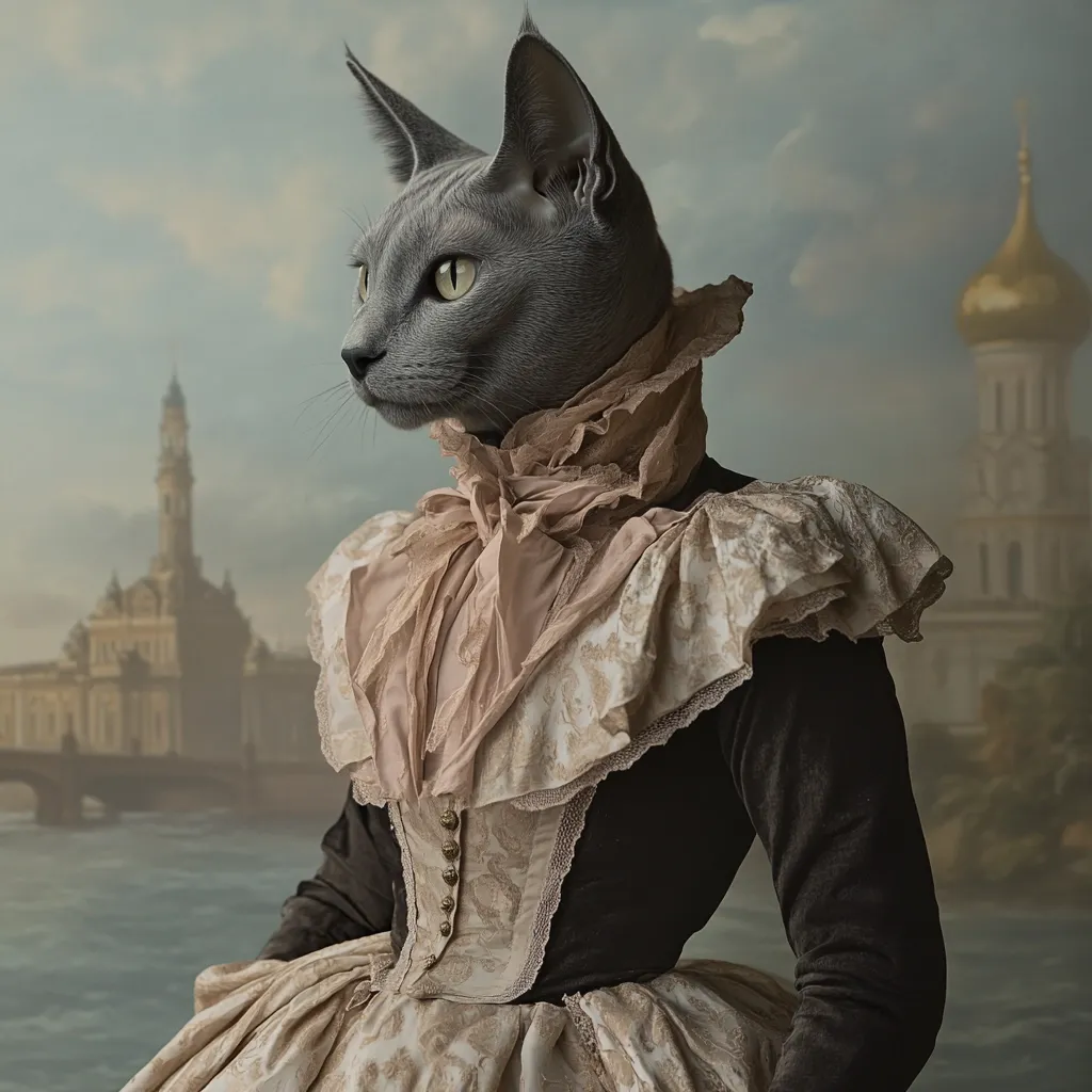 A regal Russian Blue cat is depicted in a meticulously crafted portrait, dressed in an elaborate, antique-style gown. The cat's piercing gaze is directed to the left, while the background features a softly blurred, picturesque cityscape with a church and a body of water.  The overall aesthetic blends fantasy and classic portraiture, creating a whimsical yet sophisticated image.