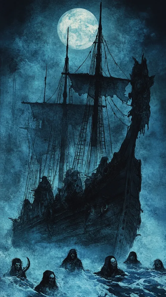 A ghostly galleon, shrouded in mist under a large moon, sails through dark, turbulent waters.  The ship is crewed by shadowy figures, while others, seemingly drowned, rise from the waves.  The scene is dark and ominous, evoking a sense of mystery and dread.  The artistic style is reminiscent of gothic horror, with a textured, painterly quality to the image.