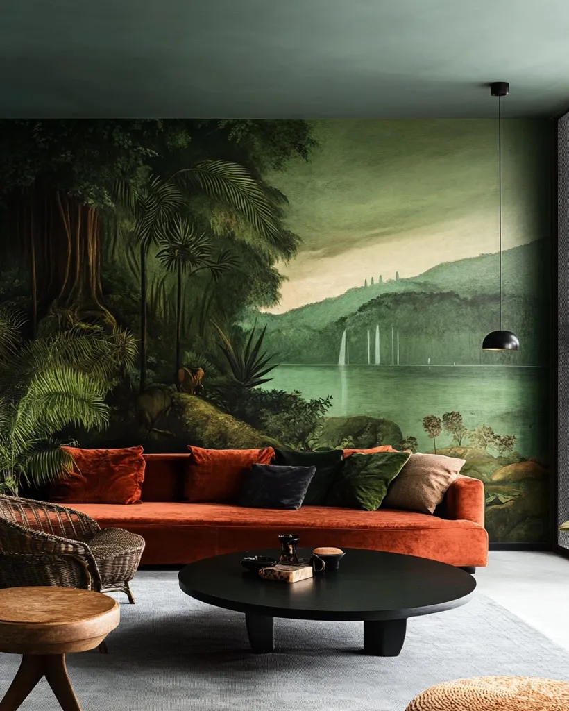 A living room features a burnt orange velvet sofa and a black coffee table, set against a dramatic jungle-themed mural.  The mural depicts lush greenery, a tranquil lake, and waterfalls, creating a serene and exotic atmosphere.  Dark green walls and a simple black pendant light complete the sophisticated, moody ambiance.  A wicker armchair and a small wooden stool add textural contrast.