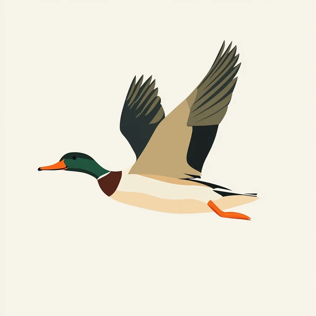 A stylized illustration of a mallard duck in flight.  Its wings are spread wide, showcasing dark primary feathers and lighter secondary feathers. The duck's body is a muted beige, contrasted by its vibrant green head and orange beak and feet. The minimalist style emphasizes the bird's form and movement against a plain off-white background.