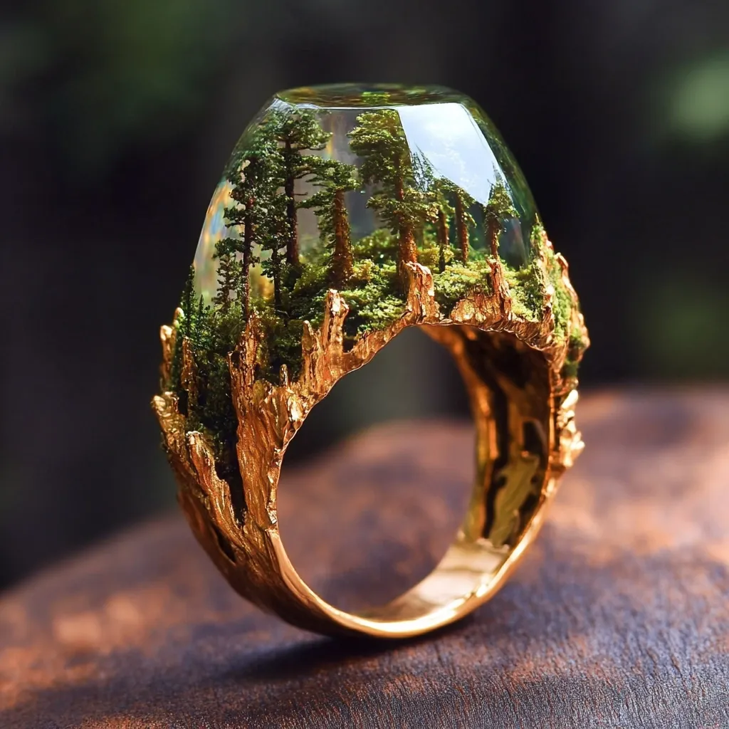 A stunning gold ring features a miniature forest encased in resin.  The dome-shaped resin section shows a detailed landscape of trees and undergrowth, while the ring band is intricately crafted to resemble a rocky, golden outcrop. The piece is a striking example of nature-inspired jewelry, showcasing exceptional artistry and detail.  It rests on a dark wooden surface.