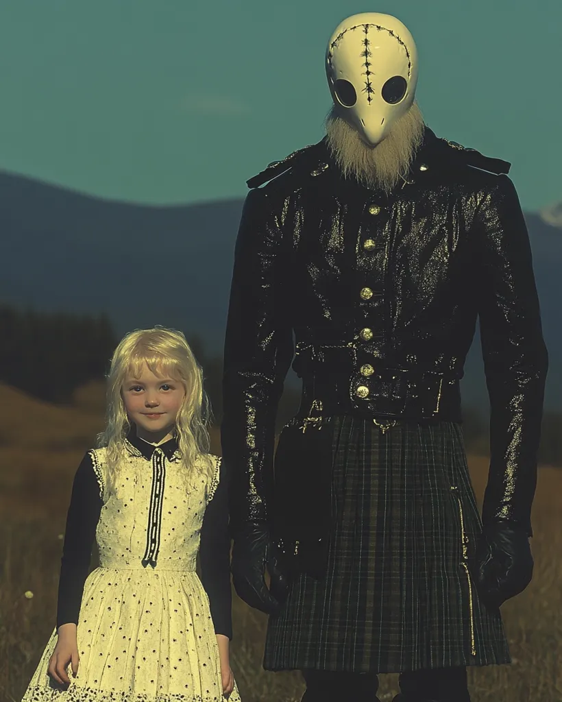 A tall figure, wearing a white bird-like mask and a black leather jacket over a kilt, stands next to a young girl in a white dress.  The setting is a field with mountains in the background. The image has a dark, slightly surreal and mysterious atmosphere. The contrast between the masked figure and the innocent child creates an unsettling yet captivating scene.