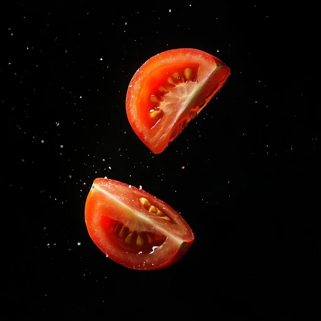 Two juicy tomato halves are captured mid-air against a stark black background.  Water droplets are visible, suggesting a dynamic movement. The vibrant red of the tomatoes contrasts sharply with the darkness, highlighting their freshness and texture.  The image evokes a sense of energy and freshness.