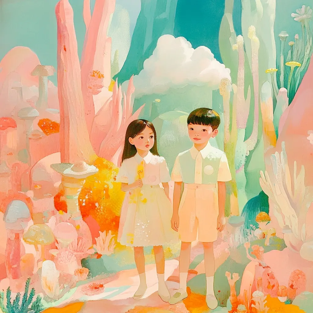 A whimsical illustration depicts a boy and girl standing in a fantastical landscape.  Pastel pink and green hues dominate, showcasing oversized mushrooms, whimsical plant life, and soft, cloud-like formations. The children, dressed in light-colored clothing, appear serene and captivated by their surreal surroundings. The overall style is dreamy and evocative of a child's imagination.