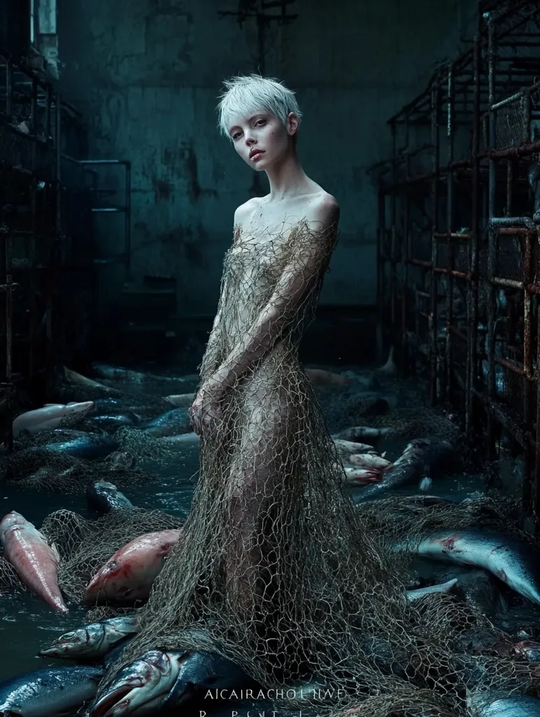 A woman with short, white hair stands in a dark, industrial setting, draped in a fishing net.  The net resembles a gown, concealing her nude body.  She is surrounded by a large quantity of fish, lying on the dark, wet floor, creating a haunting and surreal atmosphere. The overall mood is somber and evocative.