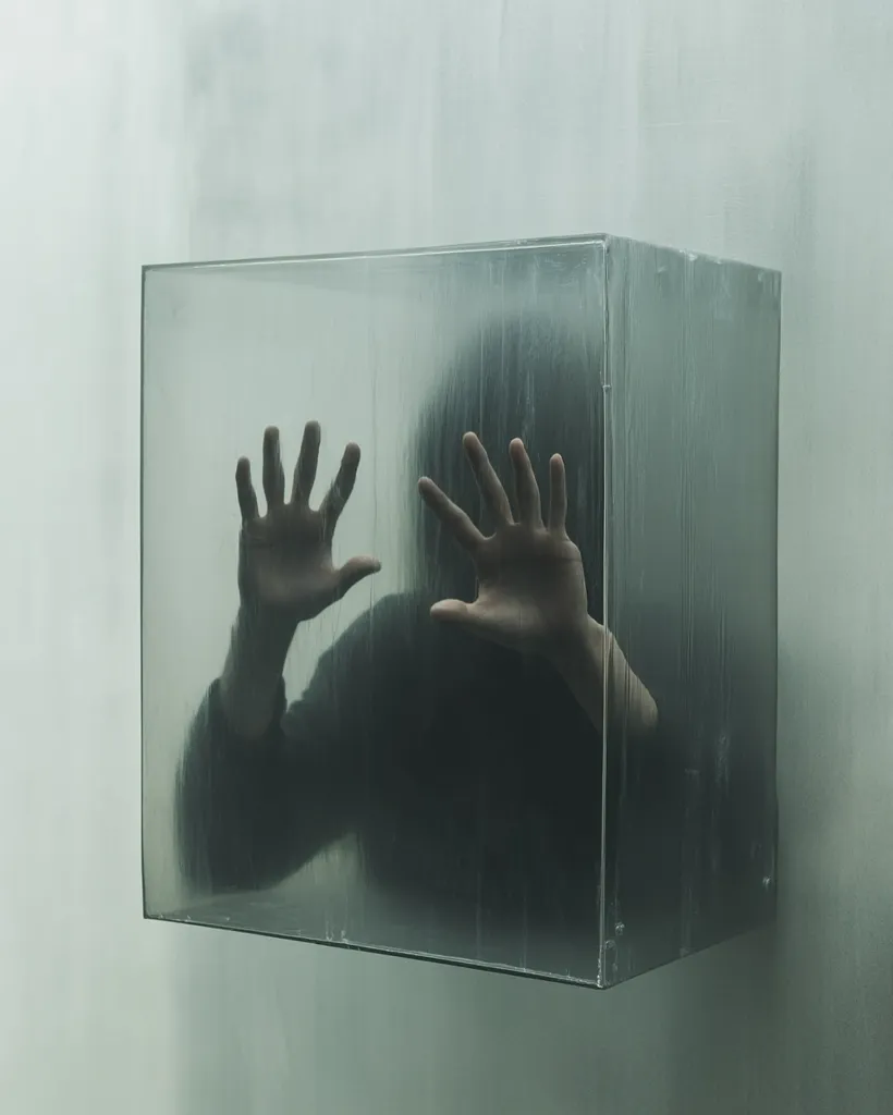 A figure, cloaked in shadow and darkness, is trapped within a translucent cube.  Their hands press against the glass walls, a desperate plea for release visible in their outstretched fingers.  The hazy, muted tones of the image amplify the sense of confinement and isolation, creating a haunting and unsettling scene.  The cube acts as both a prison and a barrier, obscuring the figure’s identity and intensifying their distress.