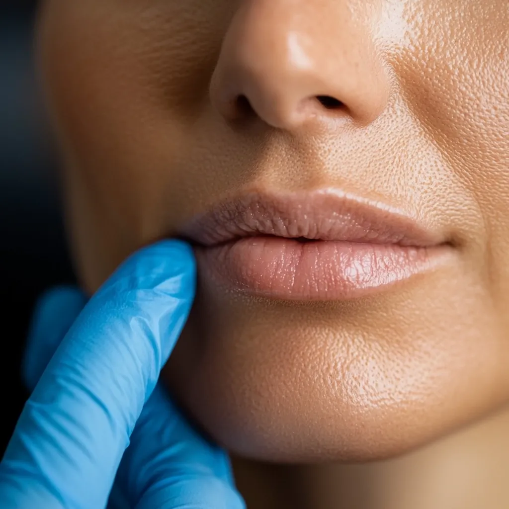 Close-up view of a woman's lower face and lips.  A gloved hand gently touches her chin. The focus is on the smooth skin and subtly made-up lips. The image suggests a cosmetic procedure or skincare treatment is taking place. The lighting is soft, and the overall tone is clean and professional.