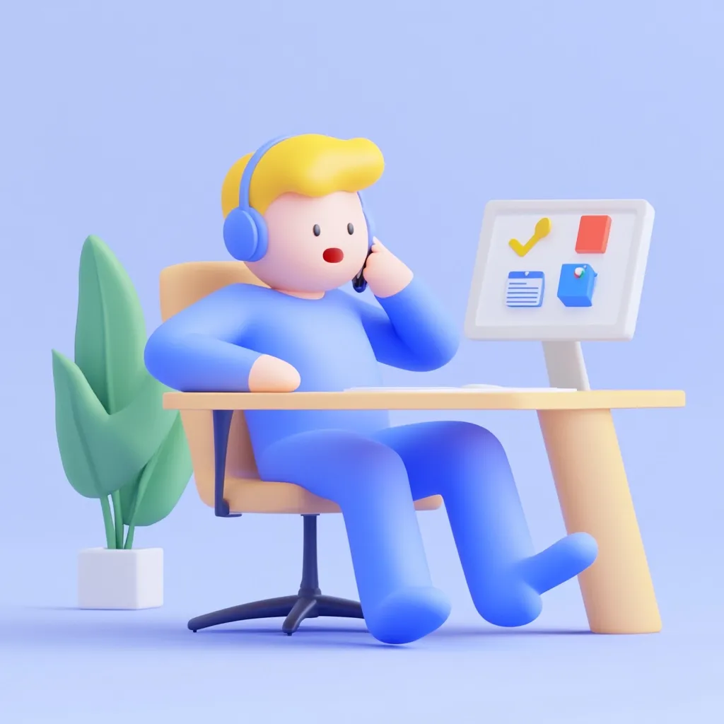 A 3D-rendered cartoon character, a blond-haired man in a blue jumpsuit, sits at a desk. He wears a headset and speaks on the phone while looking at a computer screen displaying task icons. The scene is set against a light blue background with a small plant adding to the minimalist office setting. The style is playful and modern, possibly representing customer service or online support.