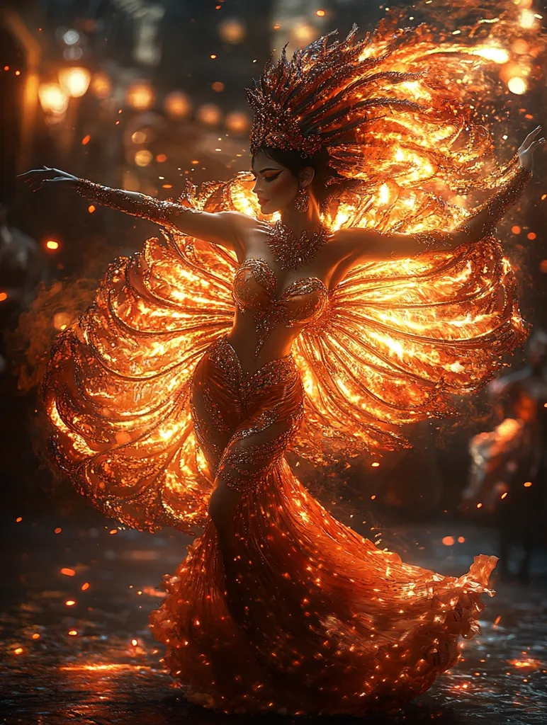 A woman in a fiery, orange gown and headdress dances amidst sparks and flames.  Her costume, resembling a phoenix, is ablaze with luminous, orange light. The background is dark, contrasting with the radiant brilliance of her attire, creating a dramatic and ethereal scene.  The overall effect is one of fiery beauty and magical spectacle.