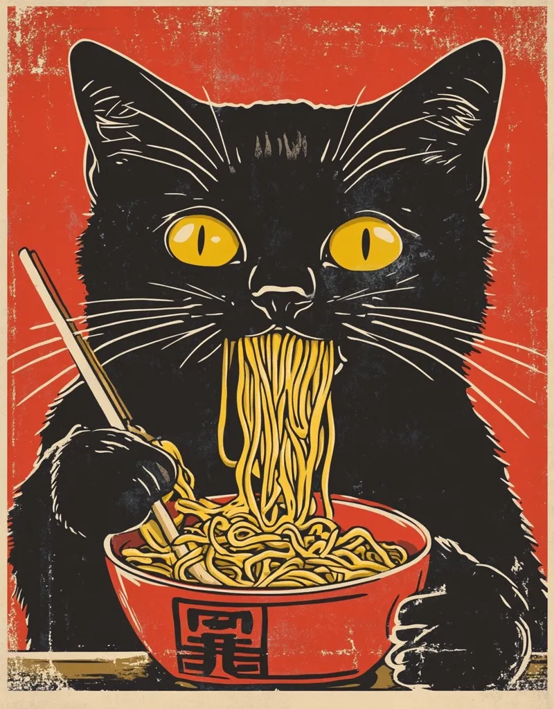 A vintage-style poster features a black cat enthusiastically consuming a bowl of noodles.  The cat's intense gaze and the strands of noodles clinging to its mouth create a humorous and slightly chaotic scene.  The bold colors and distressed texture of the background enhance the retro aesthetic.  The bowl features Chinese characters, adding to the cultural context.