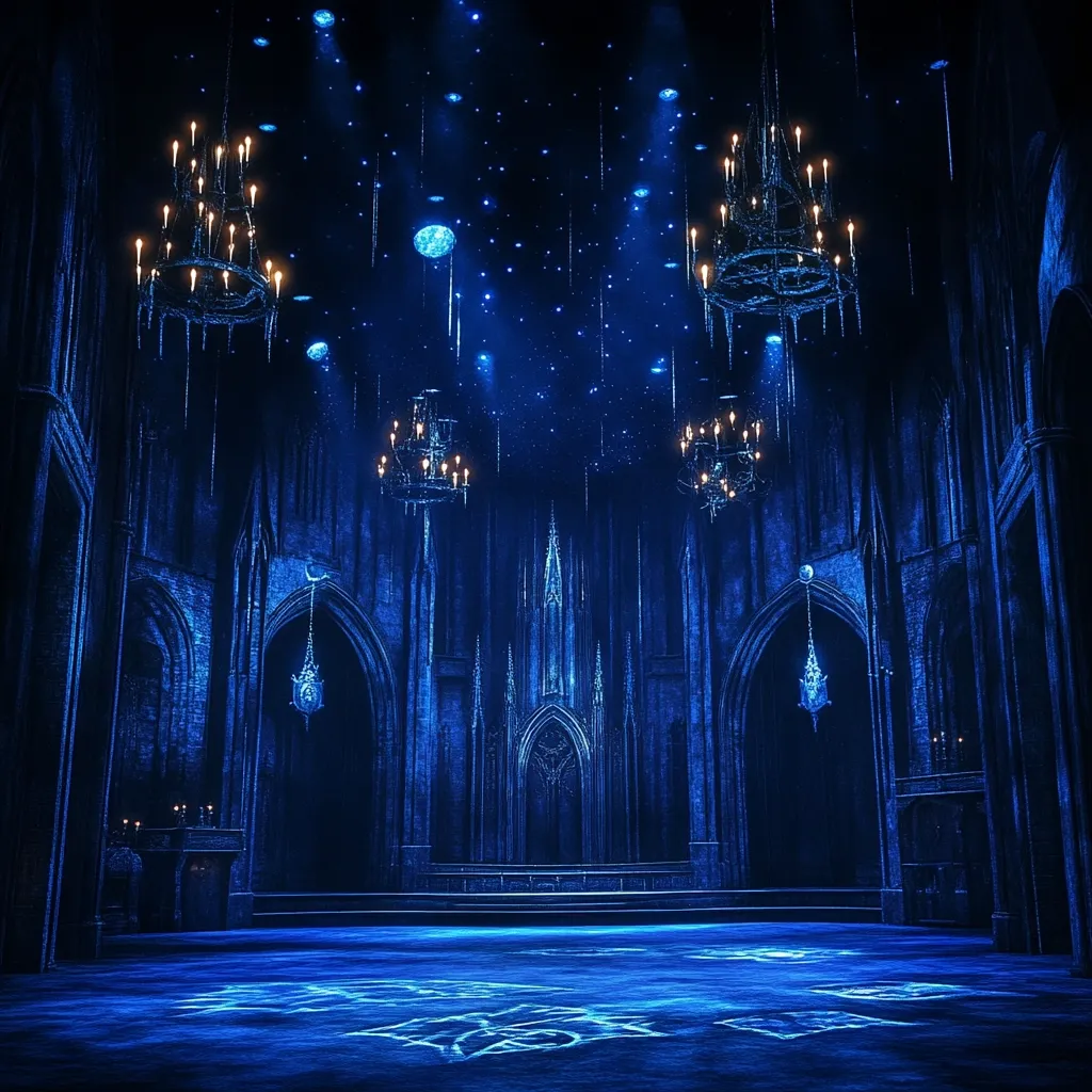 A dimly lit, gothic hall bathed in cool blue light.  Ornate chandeliers hang from the high, arched ceiling, which is speckled with simulated stars and falling light.  The floor reflects the ethereal glow, with faint markings etched onto its surface.  The atmosphere is mystical and dramatic, suggestive of a theatrical setting or magical space.