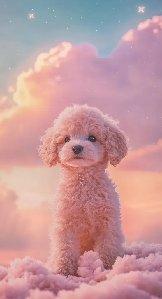 A fluffy, light pink toy poodle puppy sits in a field of pink clouds under a pastel sky.  The scene is dreamy and ethereal, with soft lighting and a few scattered stars. The puppy's fur is incredibly soft-looking, and its expression is sweet and innocent. The overall image evokes a feeling of calmness and tranquility.