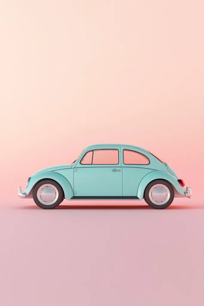 A pastel-green vintage car, reminiscent of a Volkswagen Beetle, is showcased in profile against a soft pink background.  The car is sleek and clean, with large, reflective wheels.  The image is simple yet stylish, evoking a sense of nostalgia and calm. The clean lines and muted colors create a minimalist aesthetic.