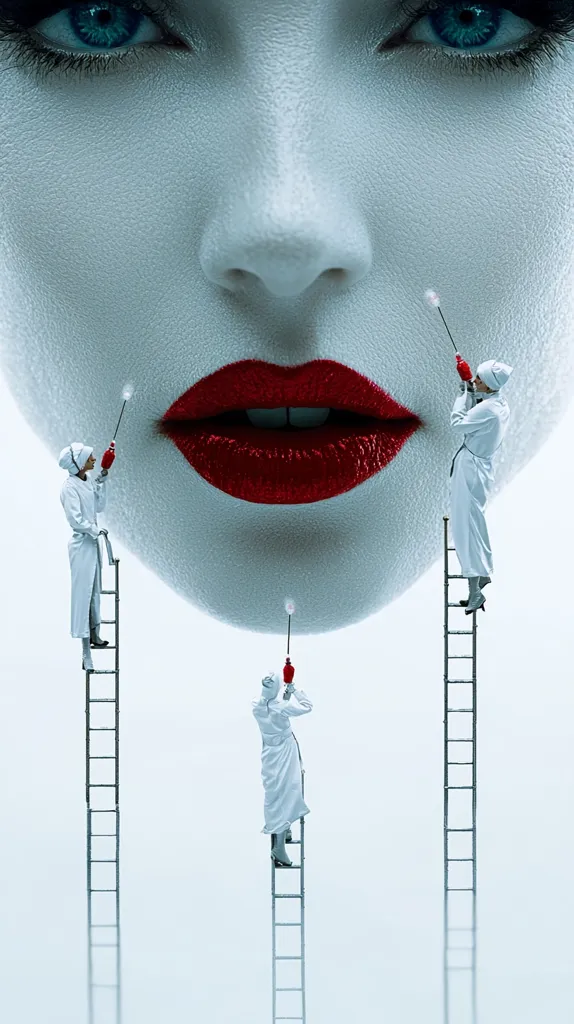 A surreal image depicts a giant woman's face with vibrant red lips.  Three miniature figures in white coats ascend ladders, each holding syringes, appearing to administer injections to the woman's face.  The scene suggests a commentary on beauty standards, cosmetic procedures, or the objectification of women. The overall aesthetic is stylized and slightly unsettling.