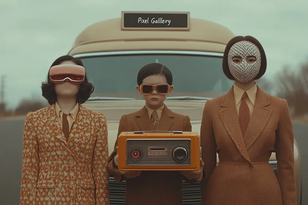Three figures in retro-styled brown suits stand before a vintage vehicle labeled "Pixel Gallery."  The woman on the left wears futuristic goggles, the child in the center holds a vintage radio, and the woman on the right sports a patterned face mask.  The overall aesthetic is a blend of vintage fashion and futuristic technology, creating a surreal and intriguing scene.