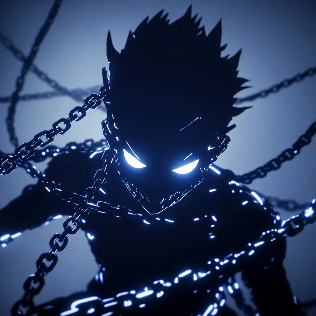 A stylized anime character, silhouetted against a dark blue background, is bound by glowing chains.  The figure's eyes emit a bright, ethereal light, contrasting with the dark, menacing form.  The chains appear to be both a constraint and an extension of the character's power, creating a visually striking image of captured energy. The overall aesthetic is dark, mysterious, and powerful.