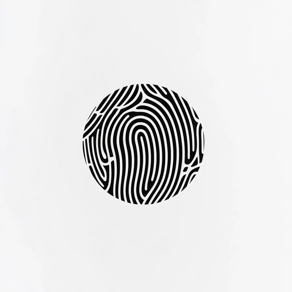 The image shows a stylized fingerprint in black ink, circular in shape, set against a plain white background.  The concentric lines create a strong visual pattern resembling a fingerprint's whorls and ridges.  The design is simple yet striking, suggesting themes of identity, uniqueness, and security.
