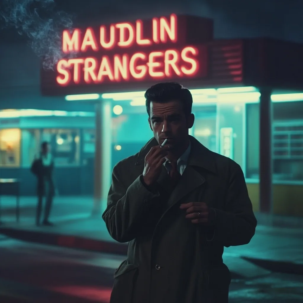 A man in a trench coat stands outside a diner at night.  The diner's neon sign reads "MAUDLIN STRANGERS." He holds a lit cigarette, exhaling smoke.  The scene is dimly lit, evocative of a film noir aesthetic.  Another figure is vaguely visible in the background.  The overall mood is mysterious and melancholic.