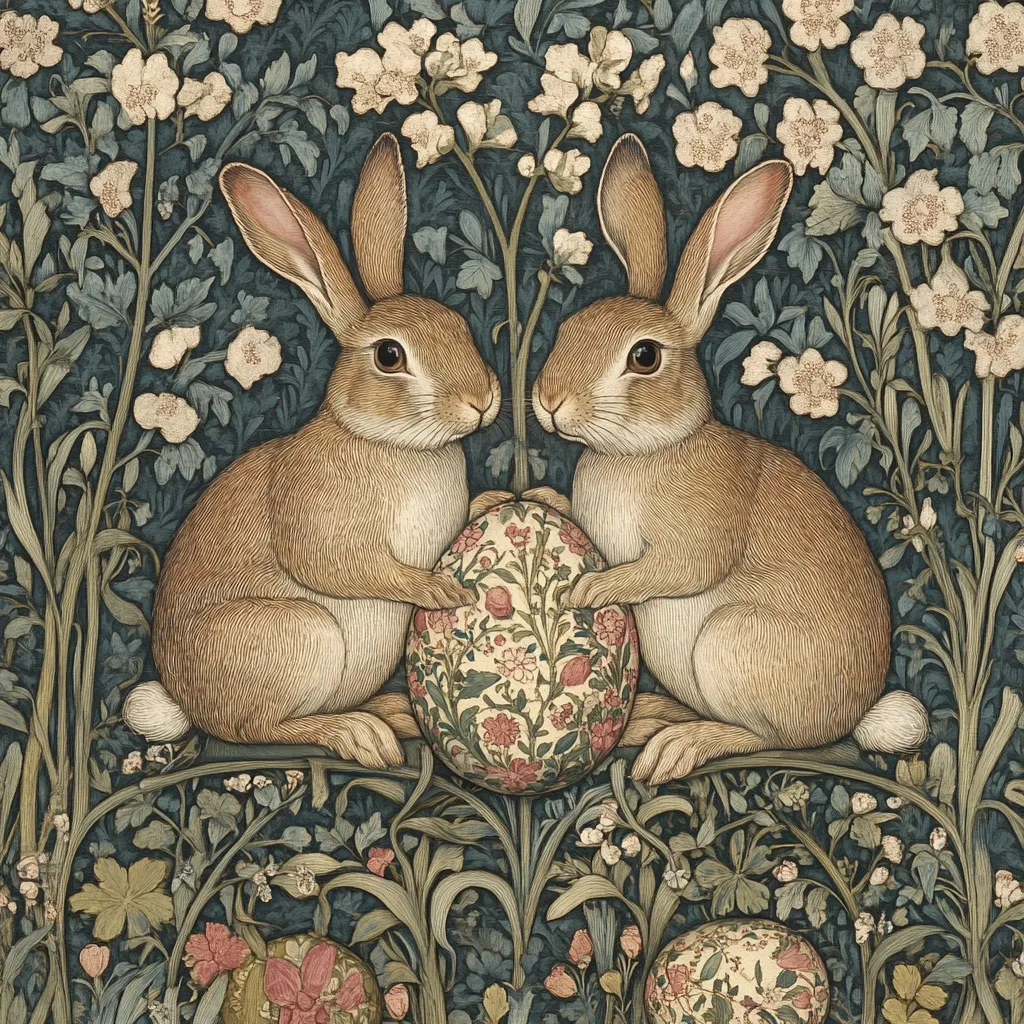 Two brown rabbits sit side-by-side, delicately holding a large, ornate Easter egg adorned with floral patterns.  The scene is set against a lush, dark teal background featuring a tapestry-like design of flowering plants and foliage. The overall style evokes a vintage, art nouveau aesthetic, creating a charming and elegant Easter image.