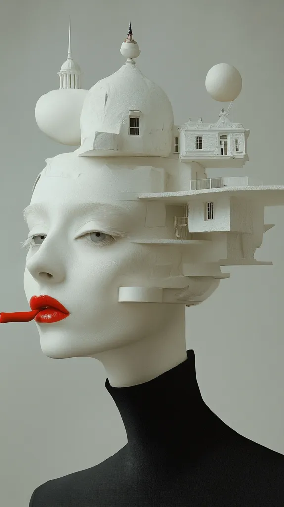 A surreal image depicts a woman's head seamlessly integrated with an architectural structure.  White buildings, domes, and a hot air balloon form a complex cityscape atop her head.  Her face is pale, accentuated by bright red lips and a single red object held delicately. She wears a simple black turtleneck. The overall aesthetic is one of elegant, dreamlike juxtaposition.