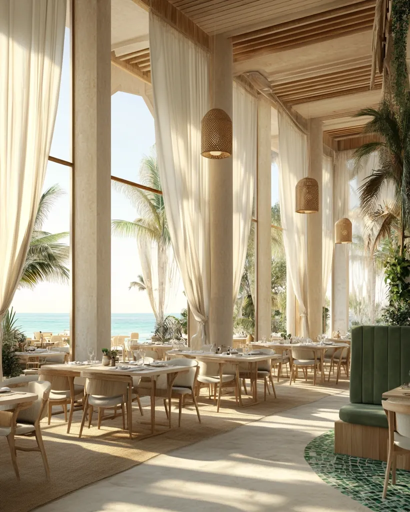 A beachfront restaurant boasts a serene ambiance.  Light-colored wood furniture and sheer curtains create a bright, airy space.  Natural light streams in from large windows offering stunning ocean views.  Simple, woven pendant lights hang from the high ceiling, complementing the minimalist design.  The overall aesthetic is relaxed and sophisticated, perfect for a tranquil dining experience.