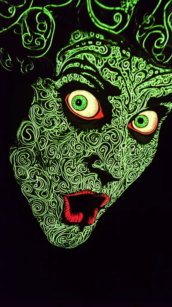 A close-up of a vibrant, neon-green face, intricately adorned with swirling patterns reminiscent of tribal tattoos.  Large, wide eyes with green irises and red accents are prominent features. The mouth is open in a scream, adding to the overall dramatic and slightly unsettling effect.  The dark background enhances the glow of the artwork.