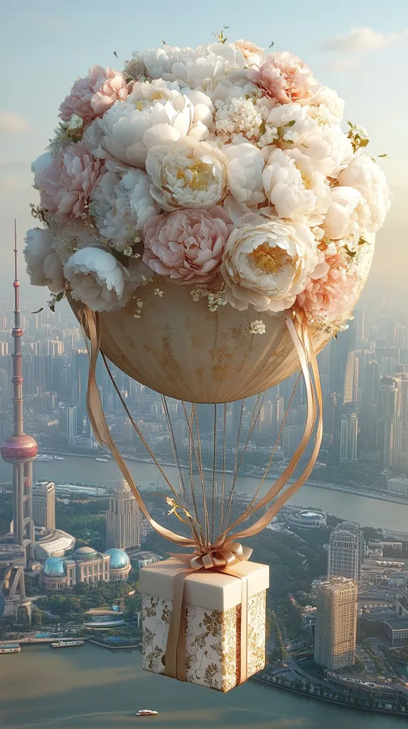 A hot air balloon, adorned with a breathtaking bouquet of blush and white peonies, floats serenely over a cityscape.  The balloon's basket carries a delicately wrapped gift, adding to the romantic and whimsical scene.  The urban landscape below, with its modern architecture and waterways, provides a striking contrast to the delicate floral balloon.  The overall image evokes feelings of elegance, surprise, and dreamy romance.