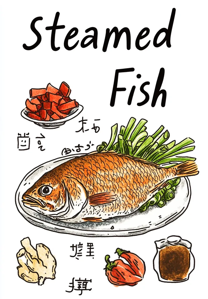This illustration depicts a recipe for Steamed Fish.  A whole, steamed fish rests on a plate garnished with green beans.  Accompanying ingredients are shown: diced carrots, ginger, chilies, and a dark sauce.  Chinese characters label the ingredients. The style is hand-drawn and whimsical.