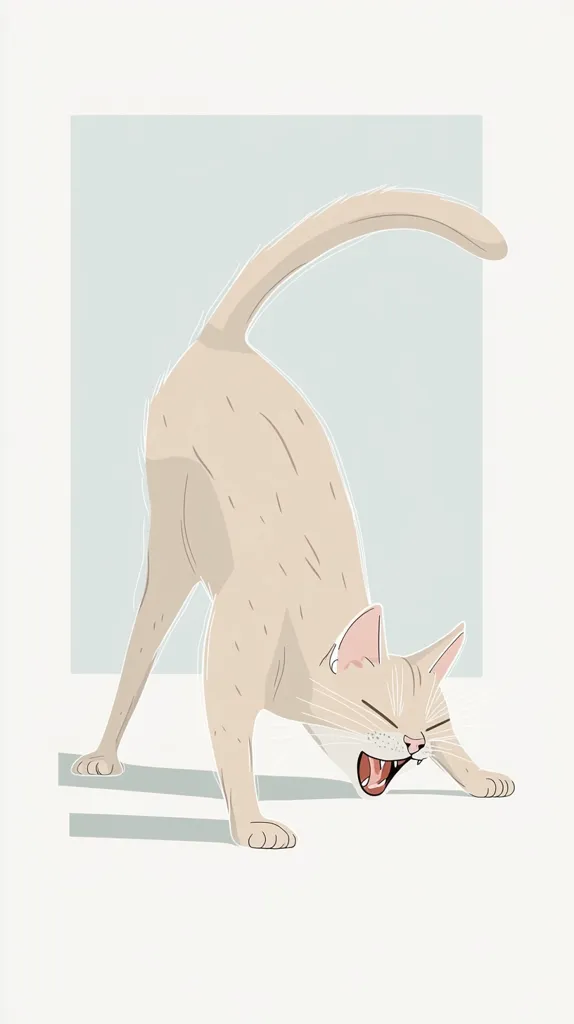 A light beige cat stretches, its body arched and paws spread wide.  Its mouth is open in a yawn, revealing its pink tongue and teeth. The cat is depicted against a pale blue background, with subtle shadowing suggesting its position on the floor. The illustration style is minimalist and clean.