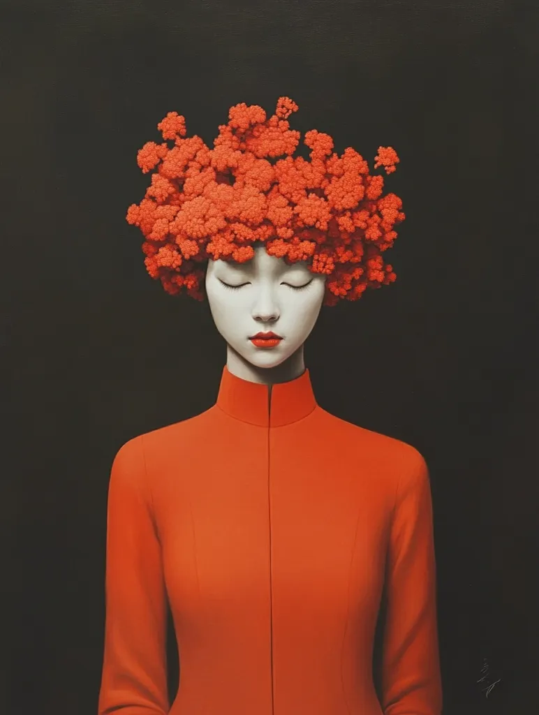 A serene woman is depicted, her eyes closed in peaceful contemplation.  Her head is adorned with a vibrant, coral-colored floral headdress resembling a voluminous, stylized cloud of blossoms. She wears a matching high-necked, long-sleeved orange dress, creating a unified, striking image against a dark background. The style is hyperrealistic, emphasizing smooth textures and clean lines. The overall effect is one of quiet beauty and subtle surrealism.