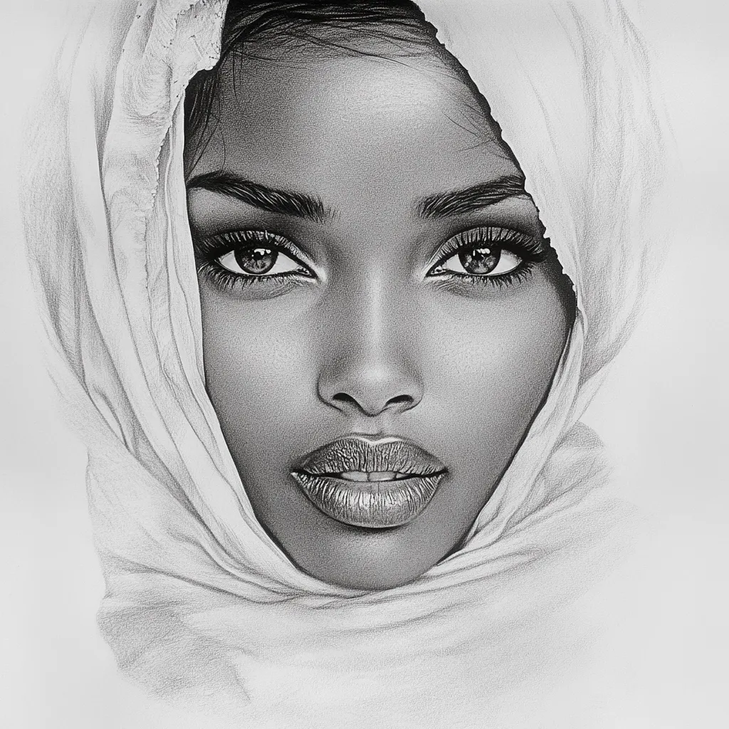 A stunning black and white pencil drawing depicts a woman's face partially veiled by a flowing white fabric.  Her expressive eyes, prominent cheekbones, and full lips are rendered with incredible detail, creating a captivating portrait. The contrast between the dark features and light fabric enhances the overall impact of the artwork. The skillful shading and use of light and shadow give the image a three-dimensional quality.