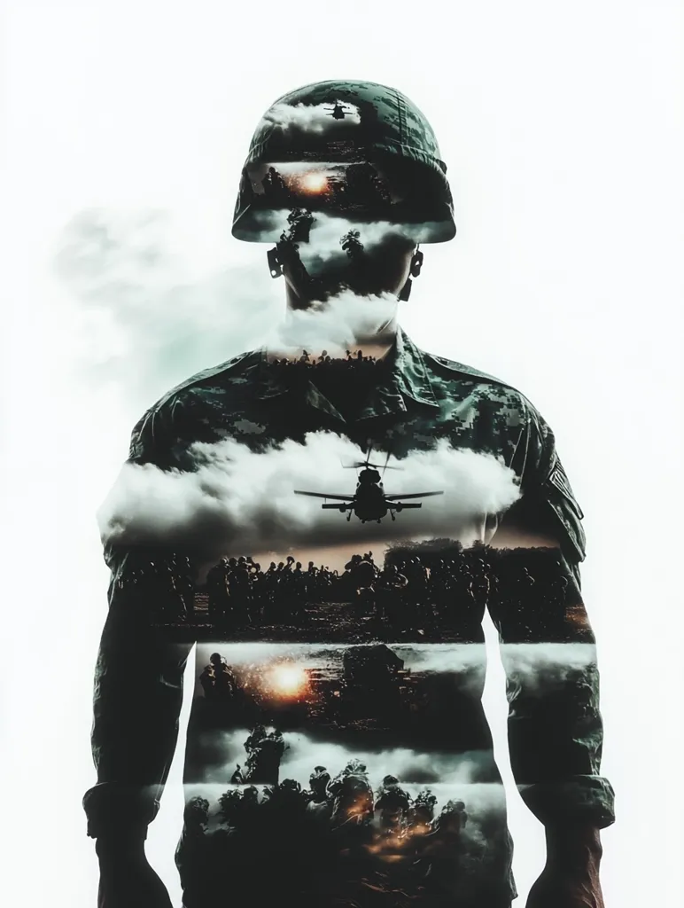 A double exposure image depicts a soldier in uniform, their body overlaid with scenes of military combat.  Helicopters fly overhead amidst clouds and soldiers engage in battle.  The effect creates a powerful visual representing the experiences and sacrifices of military personnel. The soldier stands silhouetted, a solemn figure against a bright background.  The image suggests the weight and intensity of warfare.
