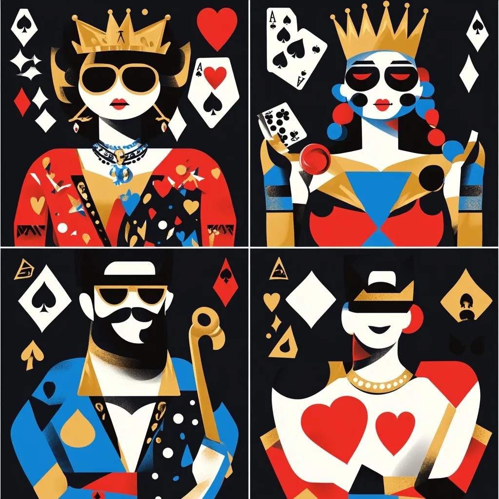 A stylized illustration depicts four figures resembling playing card royalty.  Two queens, one with sunglasses and a crown, the other with skull-like makeup and a crown, are positioned above two figures who appear as kings. One king sports a beard and sunglasses, while the other wears a mask.  Geometric shapes and bold colors, reminiscent of playing card suits, create a vibrant and modern aesthetic. The overall design is bold and graphic, with a playful yet sophisticated feel.