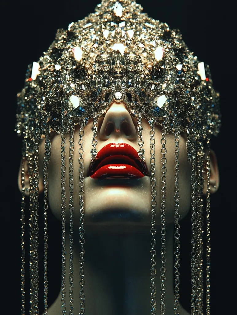 A close-up shot reveals a model's face partially obscured by an elaborate, sparkling headpiece.  The headpiece, crafted from numerous small crystals and metallic chains, cascades down the model's face, obscuring the eyes.  The model's lips are painted a bold, vibrant red, creating a striking contrast against the metallic silver of the headpiece and the dark background. The overall aesthetic is dramatic and luxurious.
