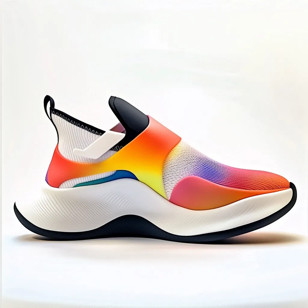 A vibrant, slip-on sneaker features a rainbow gradient design.  The upper is a blend of mesh and smooth material, transitioning from orange and yellow at the heel to pink and purple at the toe. The sole is thick and white, providing a stark contrast to the colorful upper.  The shoe exhibits a futuristic, sleek silhouette.