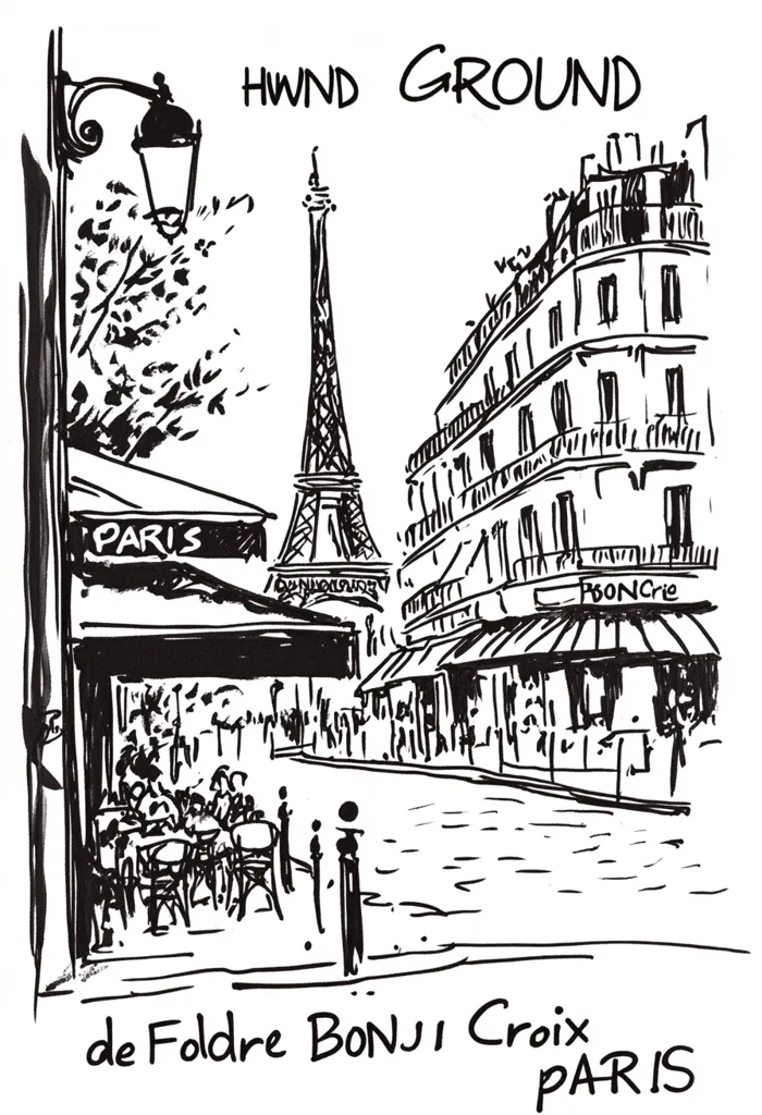 A black and white sketch depicts a Parisian street scene.  The Eiffel Tower is visible in the distance, while the foreground shows a café with outdoor seating and a classic Parisian building.  Street lamps and details of the architecture are rendered in a loose, expressive style. The title "HWND GROUND" and the artist's signature appear at the top and bottom, respectively.  The overall mood is charming and evocative of Parisian ambiance.