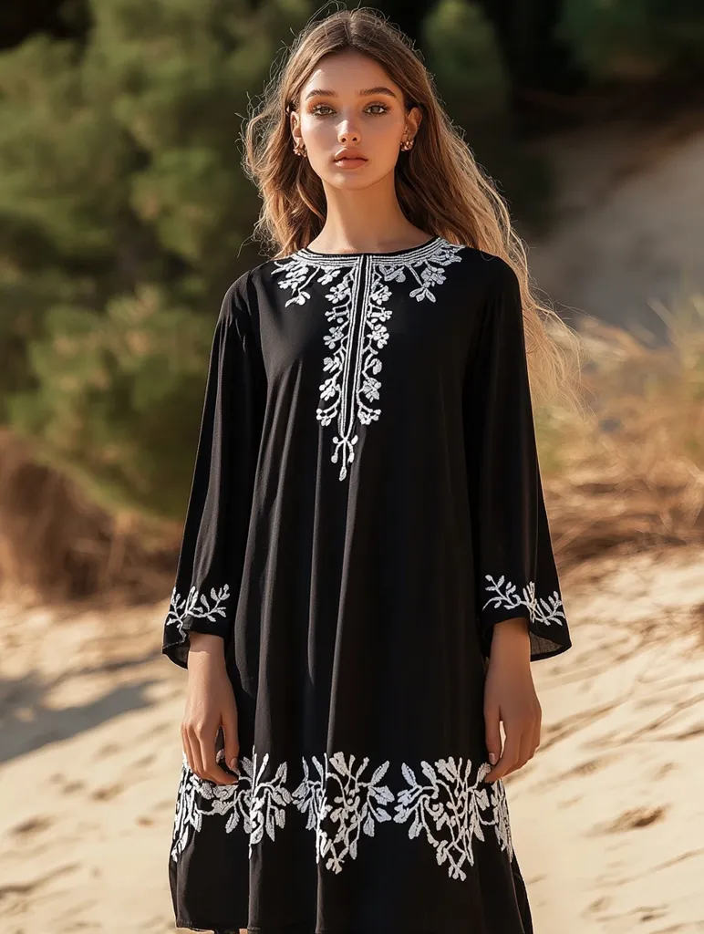 A young woman with long brown hair models a black embroidered dress.  The dress features a round neckline and three-quarter sleeves, with delicate white floral embroidery detailing the neckline and hemline.  The model stands on a sandy beach, the background blurred with natural greenery.  The overall style is bohemian and elegant.
