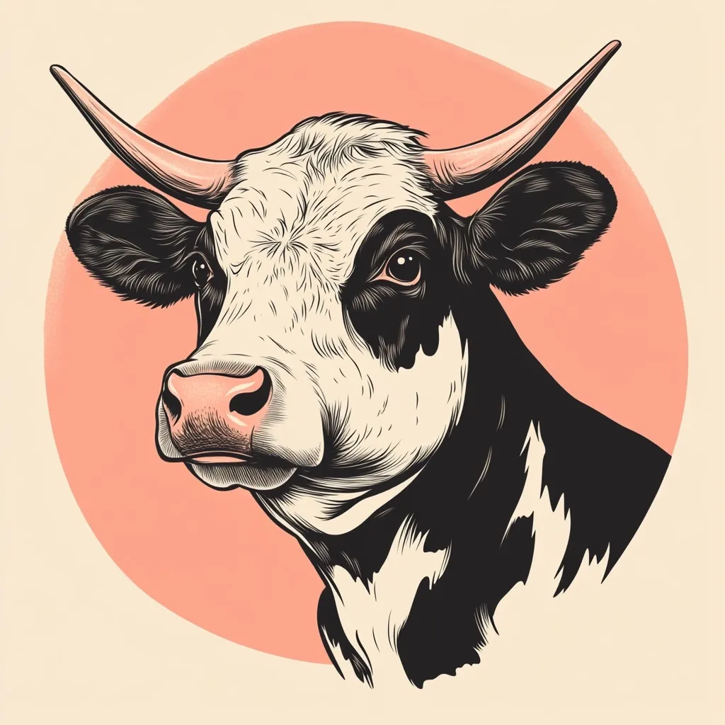 A detailed line drawing showcases a black and white cow's head against a soft coral circle.  The cow's expression is calm and direct, its horns gently curved.  The style is reminiscent of vintage illustrations, emphasizing fine lines and shading to create texture and depth in the animal's fur.  The image is clean and aesthetically pleasing.