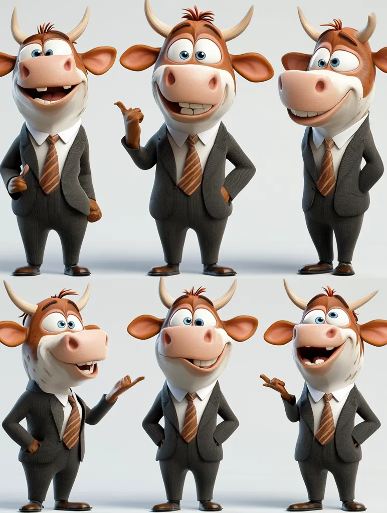 Six adorable cartoon bulls, dressed in matching gray business suits and brown striped ties, strike various poses.  They exhibit cheerful expressions, showcasing different hand gestures – thumbs up, pointing, presenting, and hands in pockets.  The 3D-rendered images are set against a simple, light gray background, highlighting the bulls' playful demeanor.