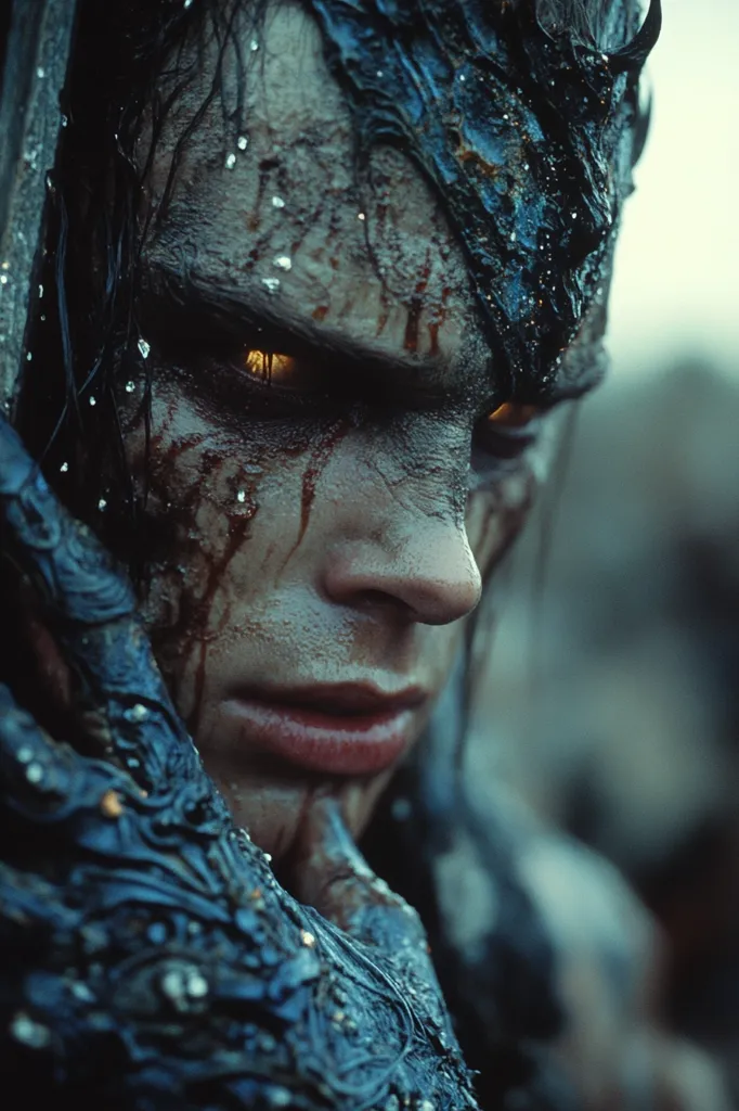 A close-up reveals a creature, possibly a demon or monster, with grotesque features.  Its skin is dark, textured, and scarred, streaked with blood. Glowing yellow eyes pierce through the darkness.  The creature's face is partially obscured by dark, almost skeletal, appendages.  The overall atmosphere is one of horror and dread.