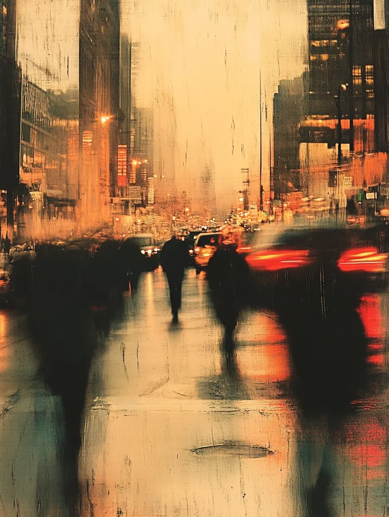 The painting depicts a city street scene at dusk or dawn.  Blurred figures of pedestrians move through a hazy, warm-toned atmosphere.  Tall buildings line the street, their shapes indistinct yet present.  The overall effect is one of movement and urban anonymity, with a painterly style emphasizing texture and light.  The colors are muted, dominated by oranges, browns, and blacks, contributing to a melancholic mood.